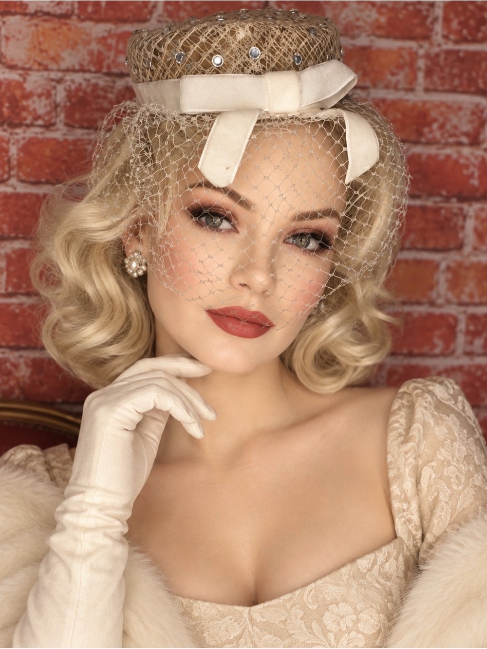 Vintage MCM Champagne and White Crystal Adorned Fascinator with Bow and Veil